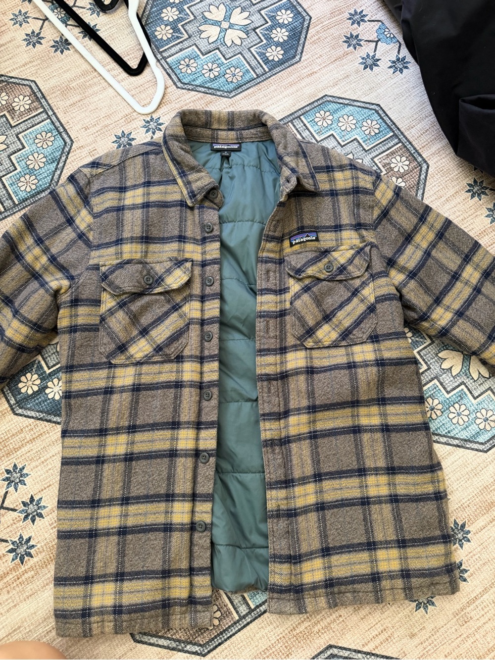 Patagonia Olive and Yellow Plaid Lined Flannel Shirt Jacket